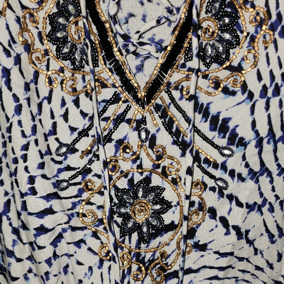 Soft Surroundings Blue, White, & Black w/ Ornate Beading Boho Tunic Blouse Top - Picture 3 of 11